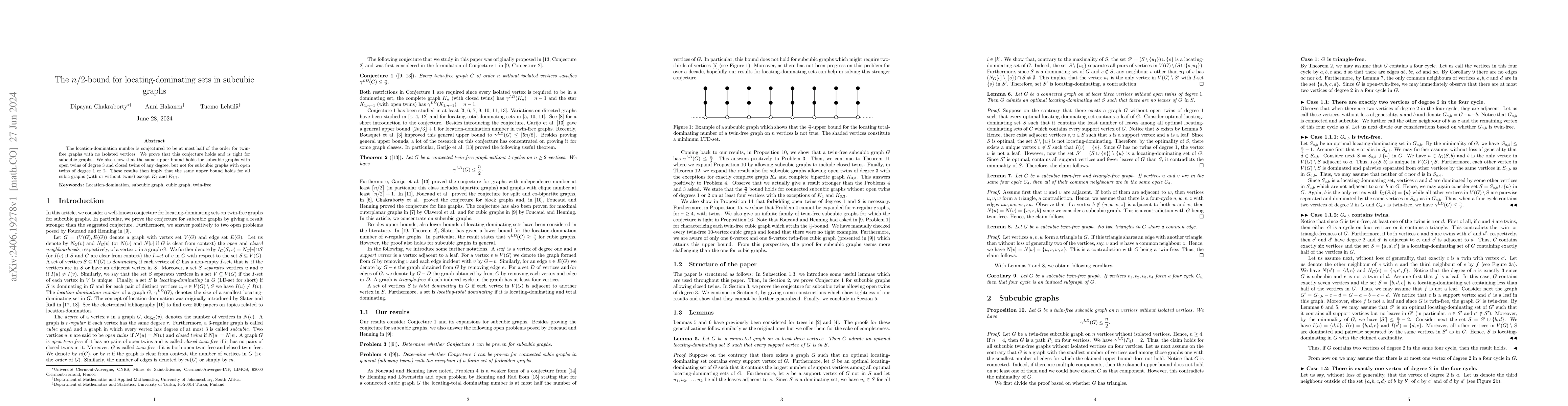 Thumbnail for The $n/2$-bound for locating-dominating sets in subcubic graphs