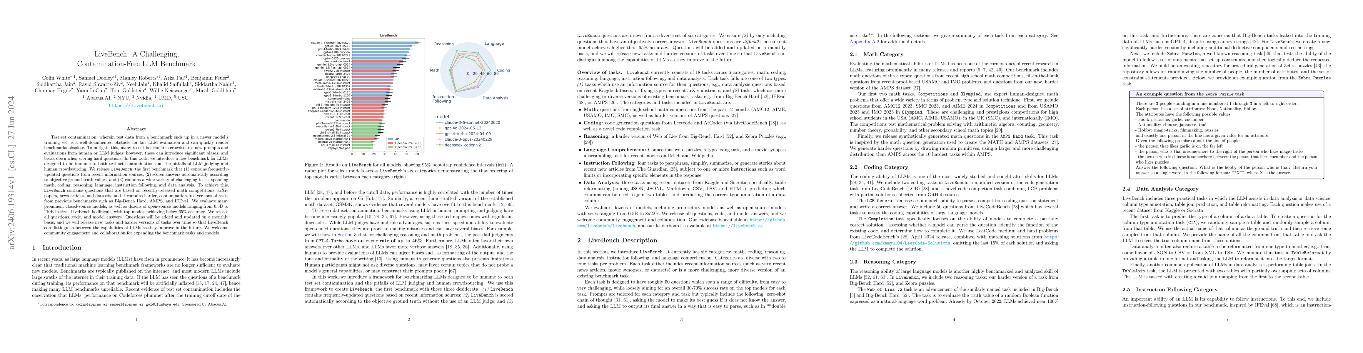 Thumbnail for LiveBench: A Challenging, Contamination-Free LLM Benchmark