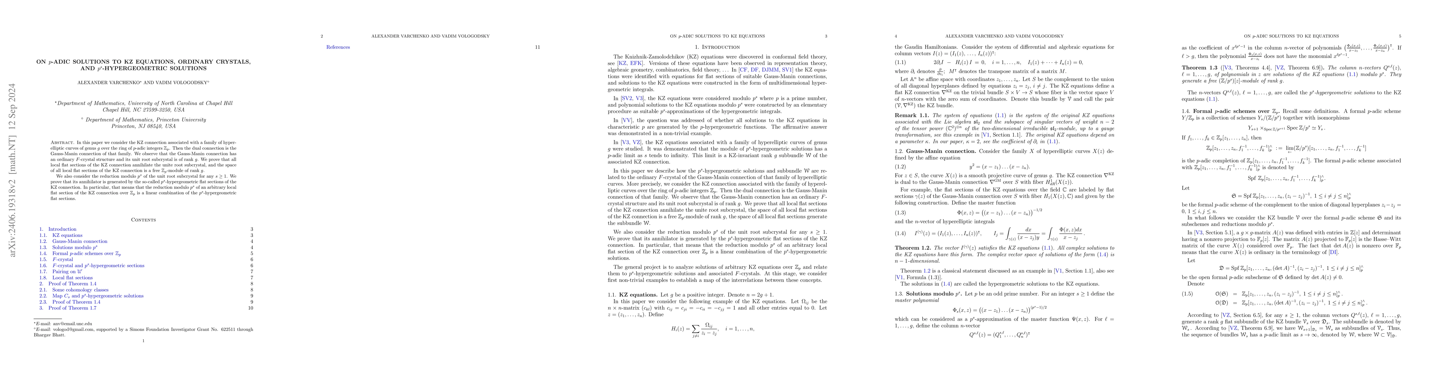 Thumbnail for On $p$-adic solutions to KZ equations, ordinary crystals, and
  $p^s$-hypergeometric solutions
