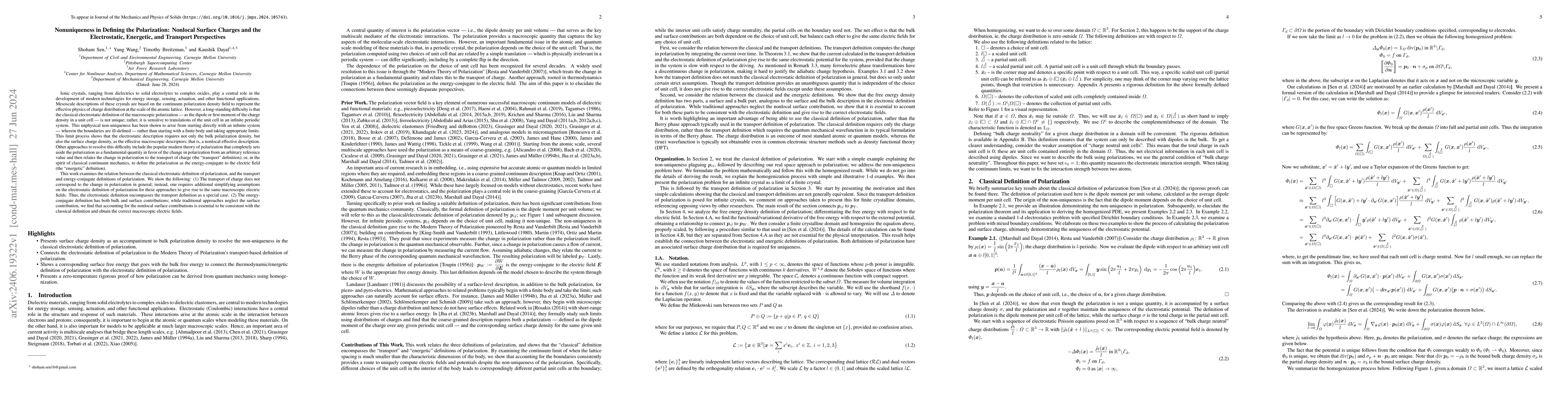 Thumbnail for Nonuniqueness in Defining the Polarization: Nonlocal Surface Charges and
  the Electrostatic, Energetic, and Transport Perspectives