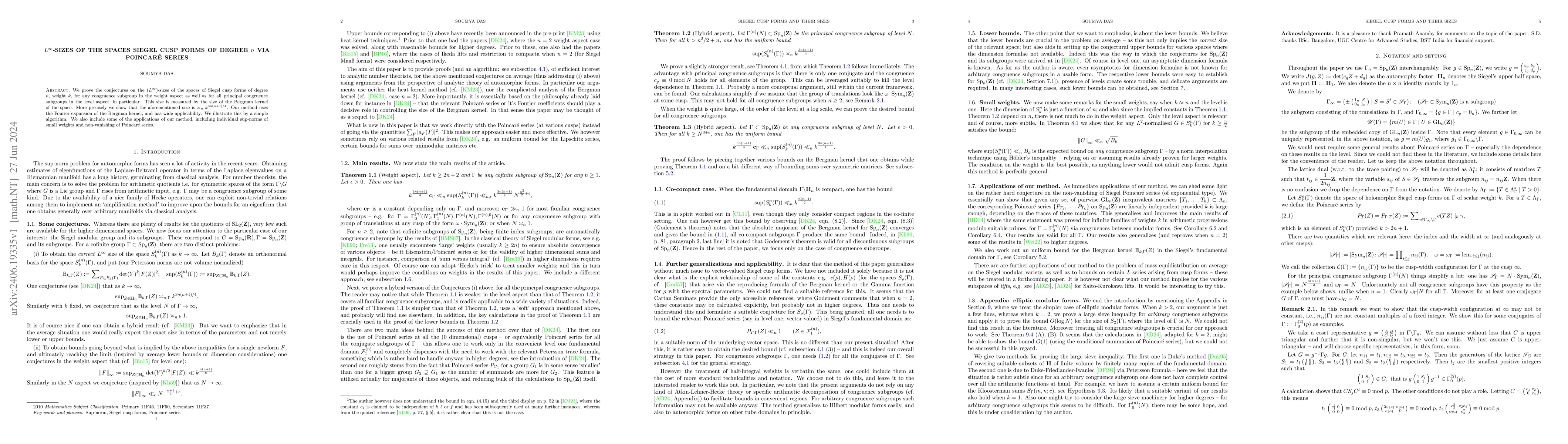 Thumbnail for $L^\infty$-sizes of the spaces Siegel cusp forms of degree $n$ via
  Poincar\'e series