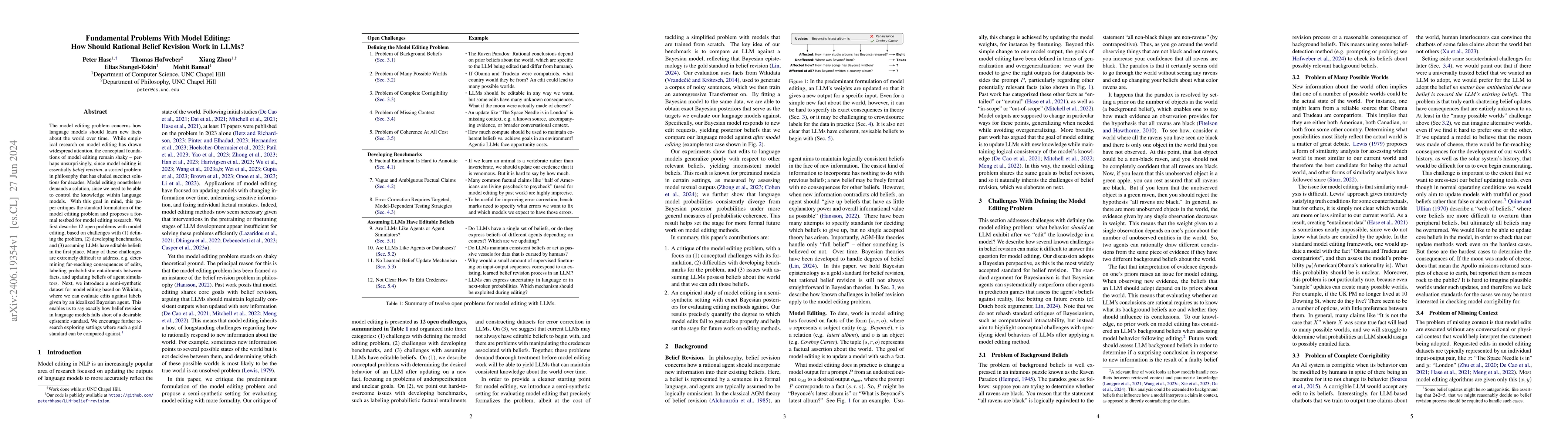 Thumbnail for Fundamental Problems With Model Editing: How Should Rational Belief
  Revision Work in LLMs?