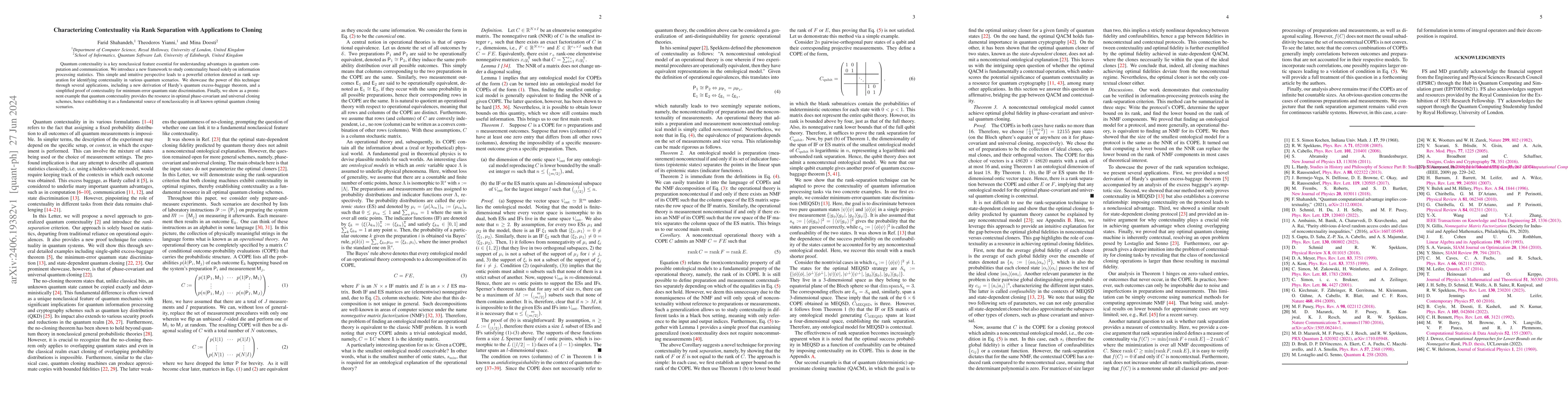Thumbnail for Characterizing Contextuality via Rank Separation with Applications to
  Cloning