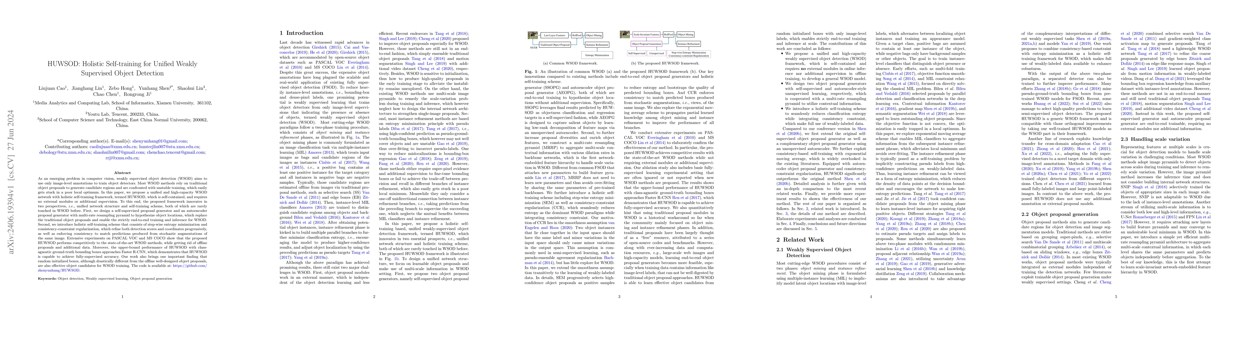 Thumbnail for HUWSOD: Holistic Self-training for Unified Weakly Supervised Object
  Detection