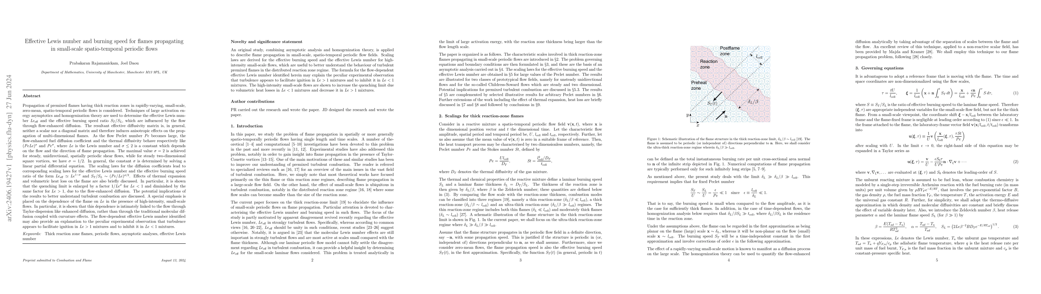 Thumbnail for Effective Lewis number and burning speed for flames propagating in
  small-scale spatio-temporal periodic flows