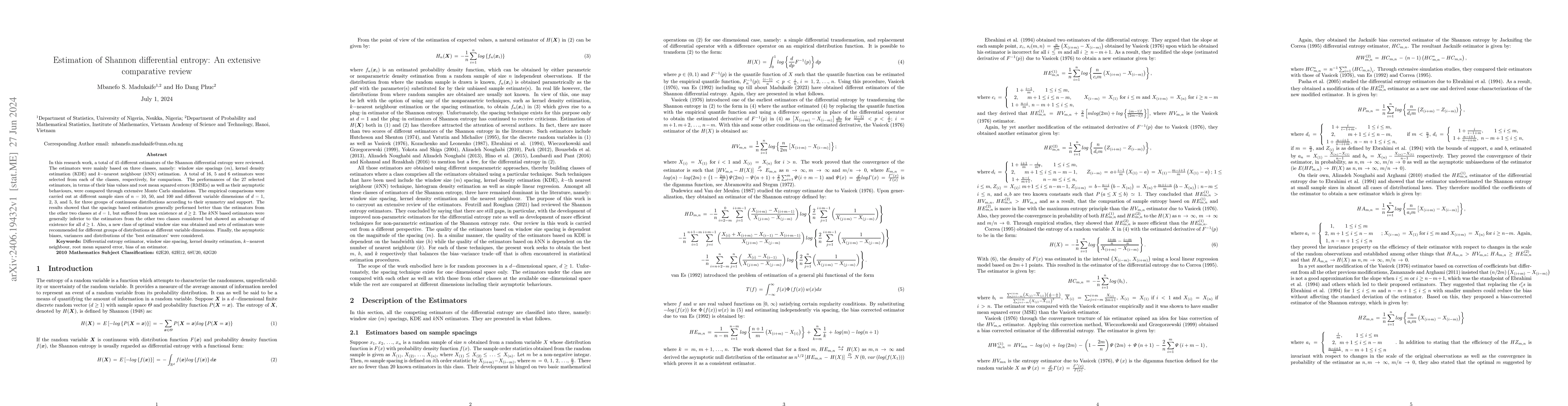 Thumbnail for Estimation of Shannon differential entropy: An extensive comparative
  review