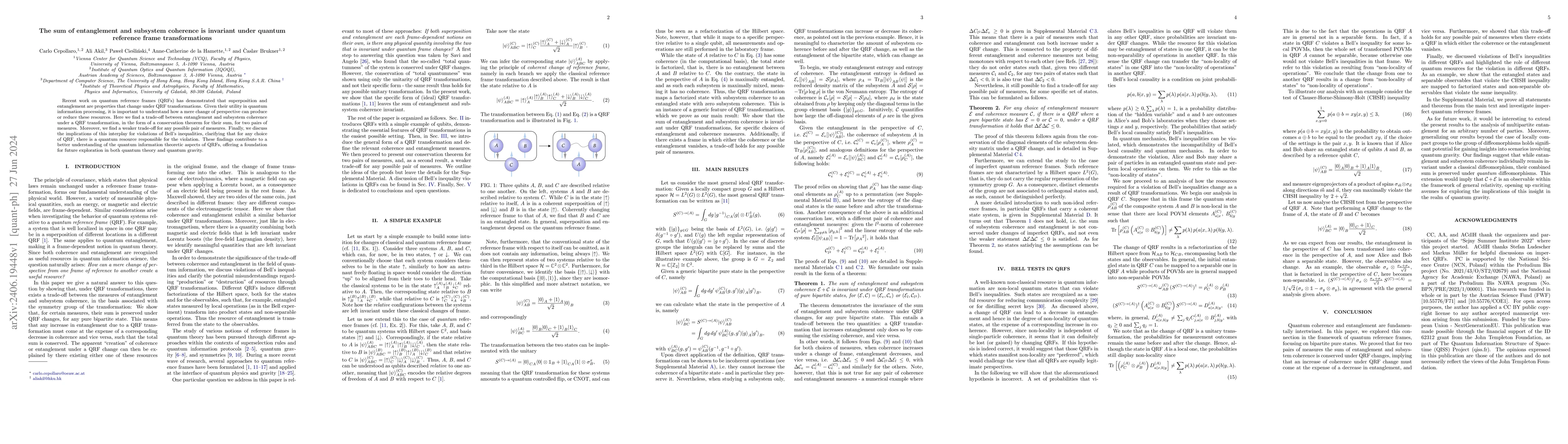 Thumbnail for The sum of entanglement and subsystem coherence is invariant under
  quantum reference frame transformations