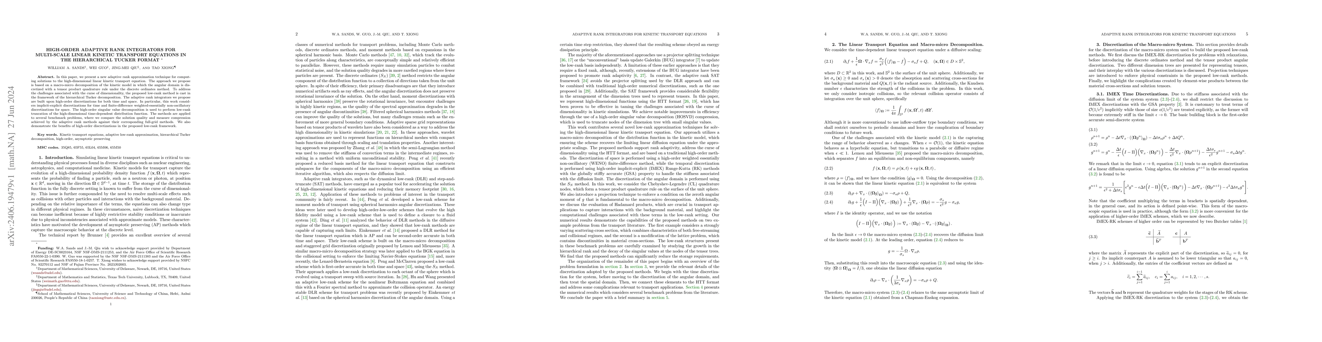 Thumbnail for High-order Adaptive Rank Integrators for Multi-scale Linear Kinetic
  Transport Equations in the Hierarchical Tucker Format