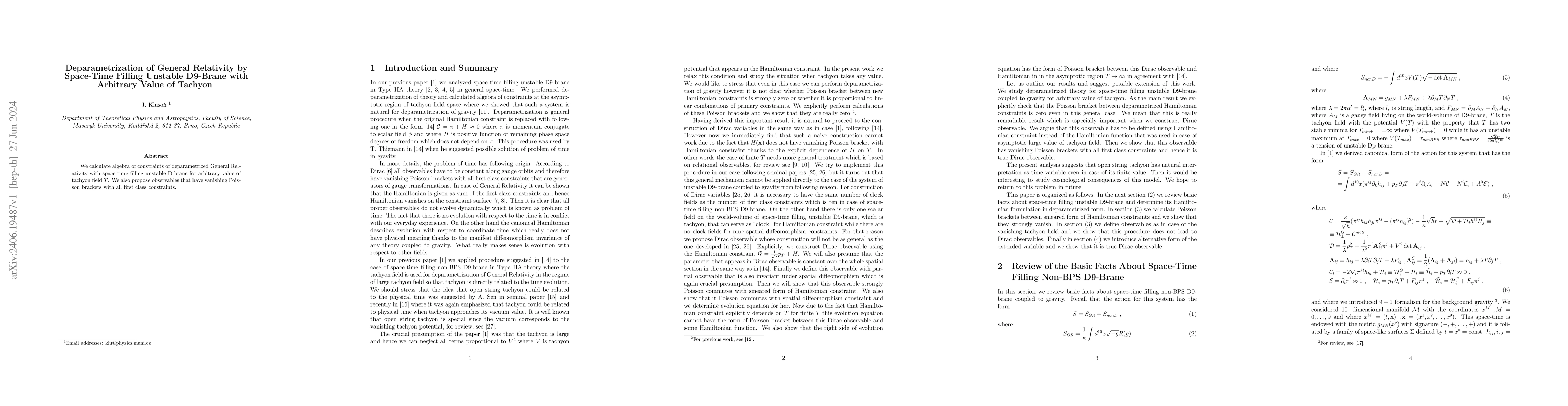 Thumbnail for Deparametrization of General Relativity by Space-Time Filling Unstable
  D9-Brane with Arbitrary Value of Tachyon