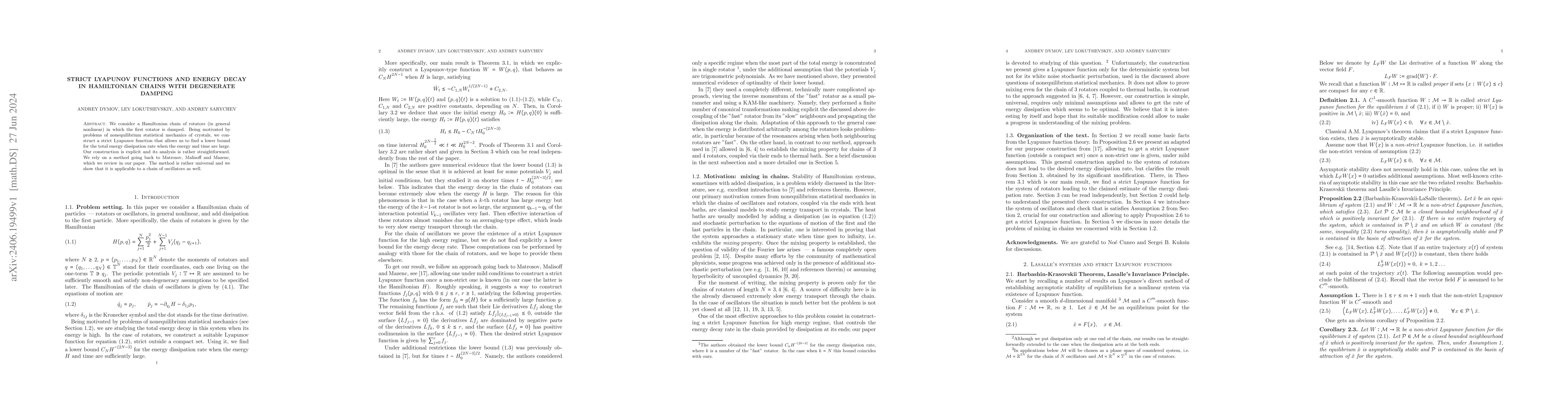 Thumbnail for Strict Lyapunov functions and energy decay in Hamiltonian chains with
  degenerate damping