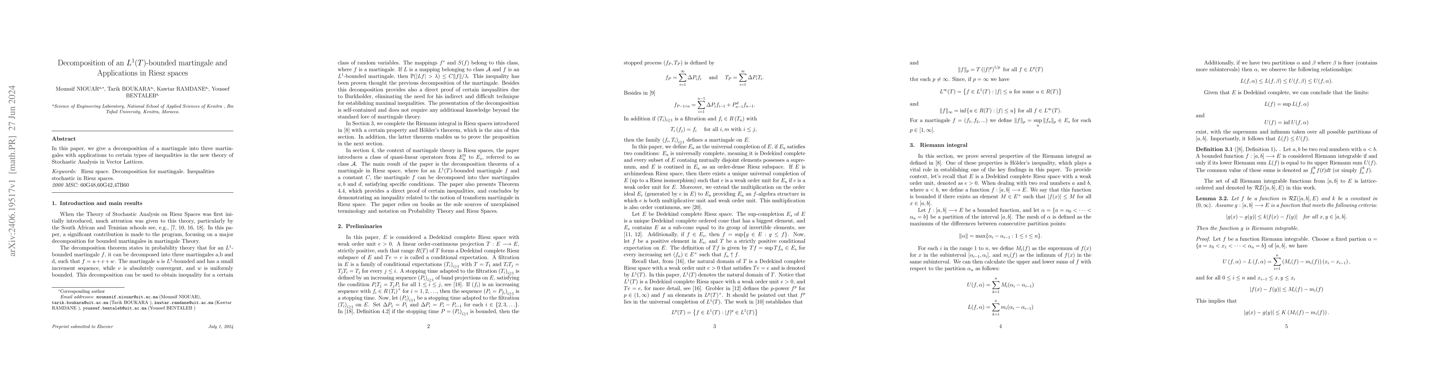 Thumbnail for Decomposition of an $ L^{1}(T) $-bounded martingale and Applications in
  Riesz spaces