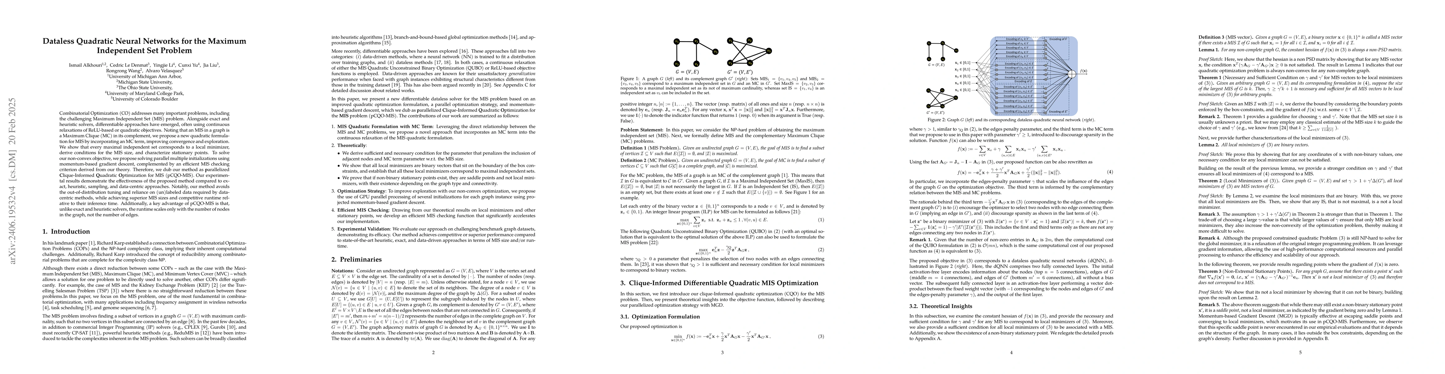 Thumbnail for Dataless Quadratic Neural Networks for the Maximum Independent Set
  Problem
