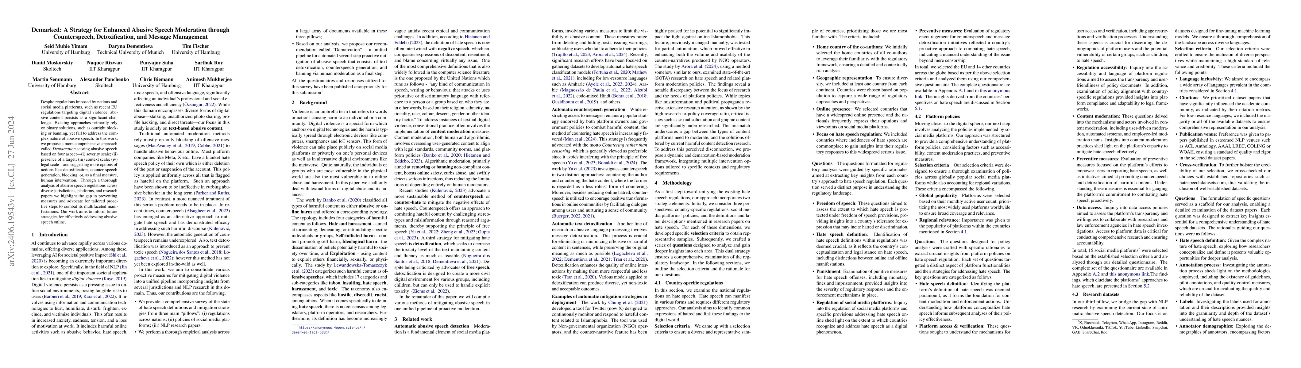 Thumbnail for Demarked: A Strategy for Enhanced Abusive Speech Moderation through
  Counterspeech, Detoxification, and Message Management
