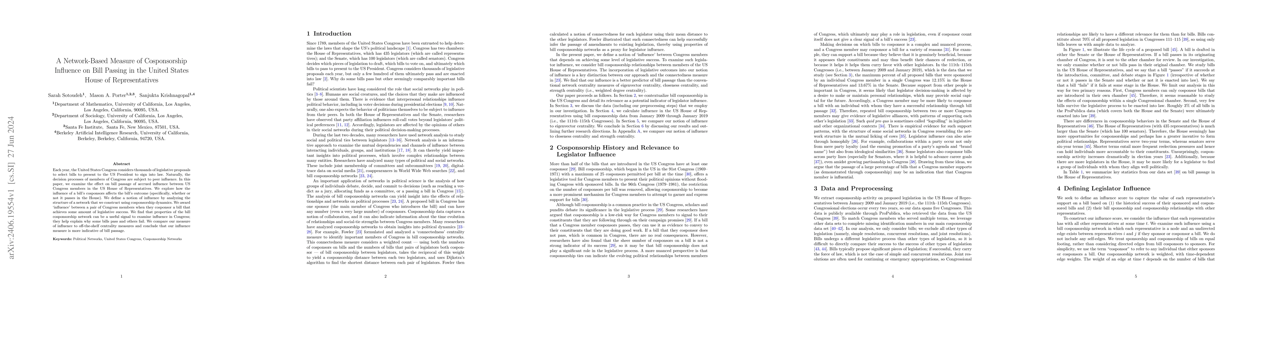 Thumbnail for A Network-Based Measure of Cosponsorship Influence on Bill Passing in
  the United States House of Representatives