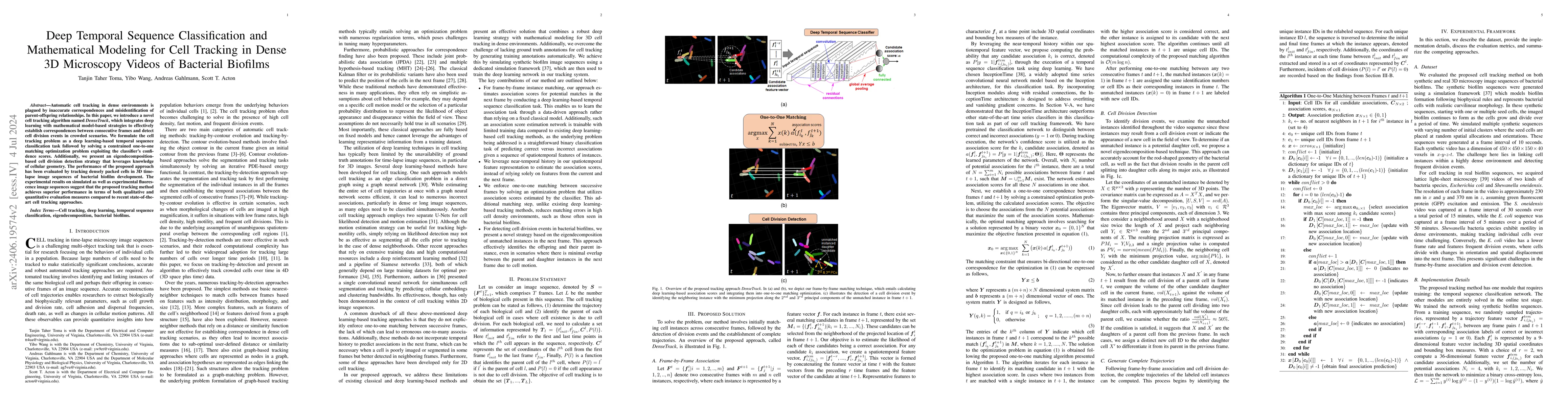 Thumbnail for Deep Temporal Sequence Classification and Mathematical Modeling for Cell
  Tracking in Dense 3D Microscopy Videos of Bacterial Biofilms