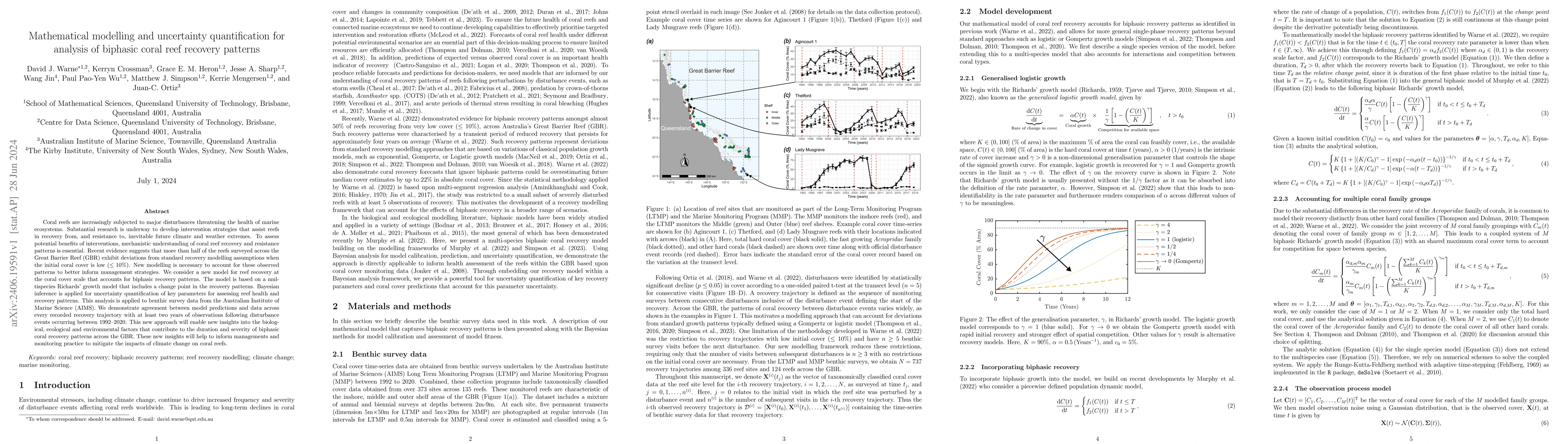 Thumbnail for Mathematical modelling and uncertainty quantification for analysis of
  biphasic coral reef recovery patterns