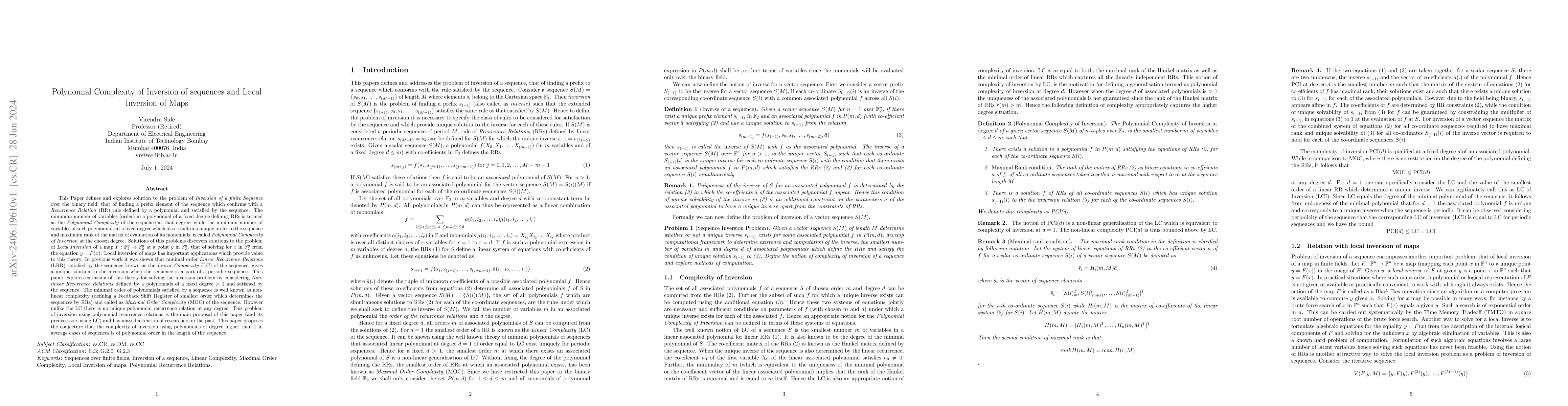 Thumbnail for Polynomial Complexity of Inversion of sequences and Local Inversion of
  Maps