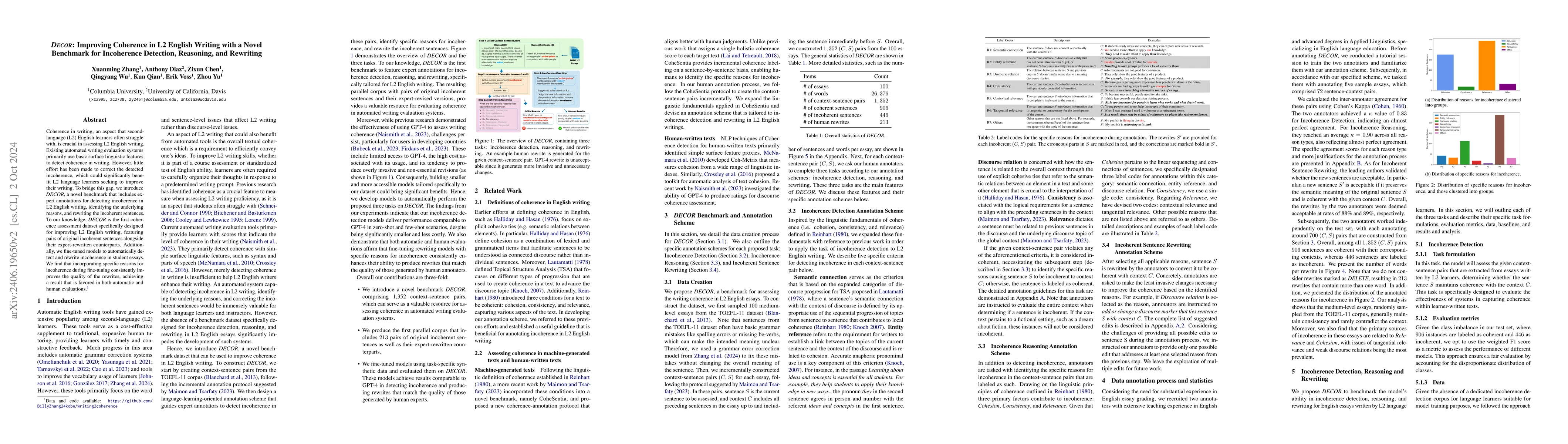 Thumbnail for DECOR: Improving Coherence in L2 English Writing with a Novel Benchmark
  for Incoherence Detection, Reasoning, and Rewriting