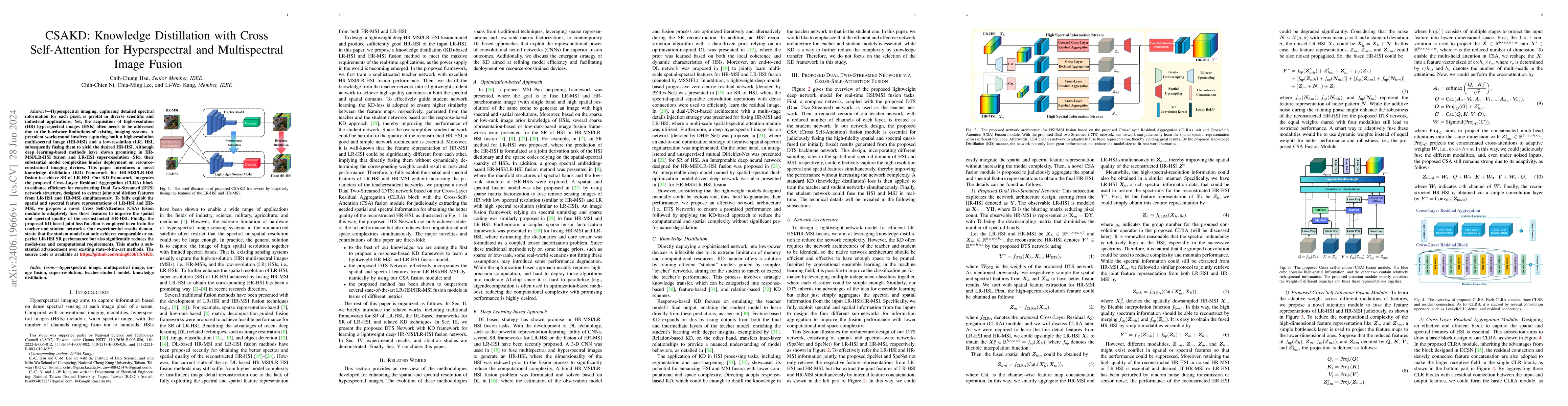 Thumbnail for CSAKD: Knowledge Distillation with Cross Self-Attention for
  Hyperspectral and Multispectral Image Fusion