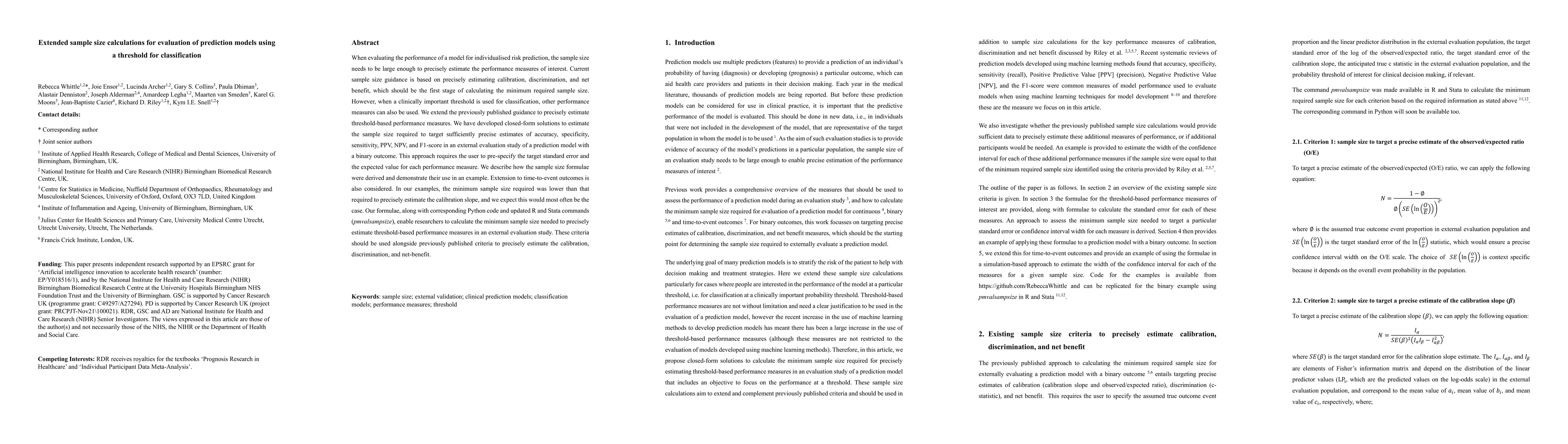 Thumbnail for Extended sample size calculations for evaluation of prediction models
  using a threshold for classification
