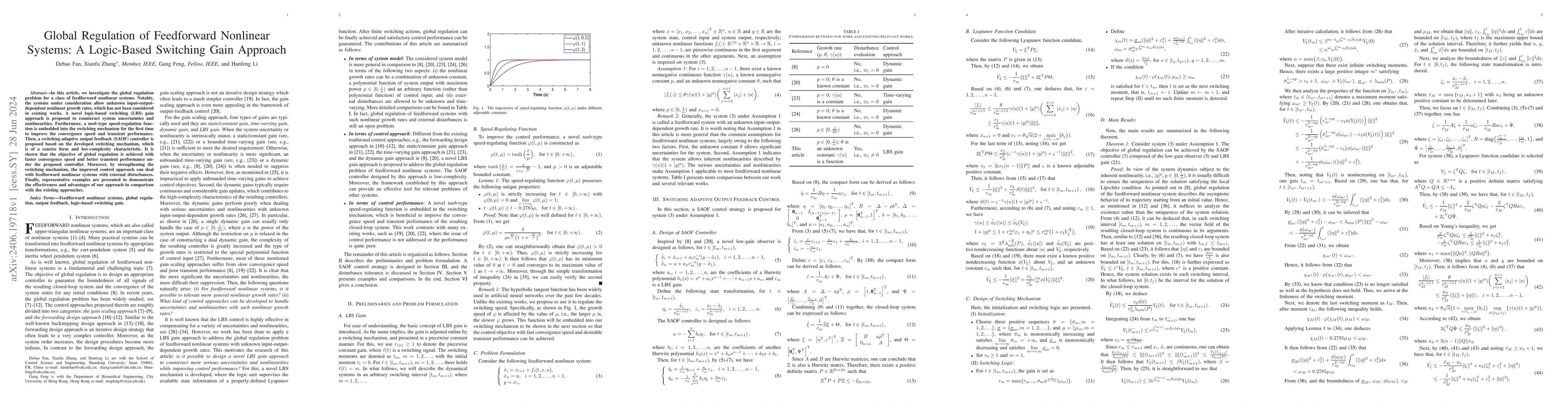 Thumbnail for Global Regulation of Feedforward Nonlinear Systems: A Logic-Based
  Switching Gain Approach