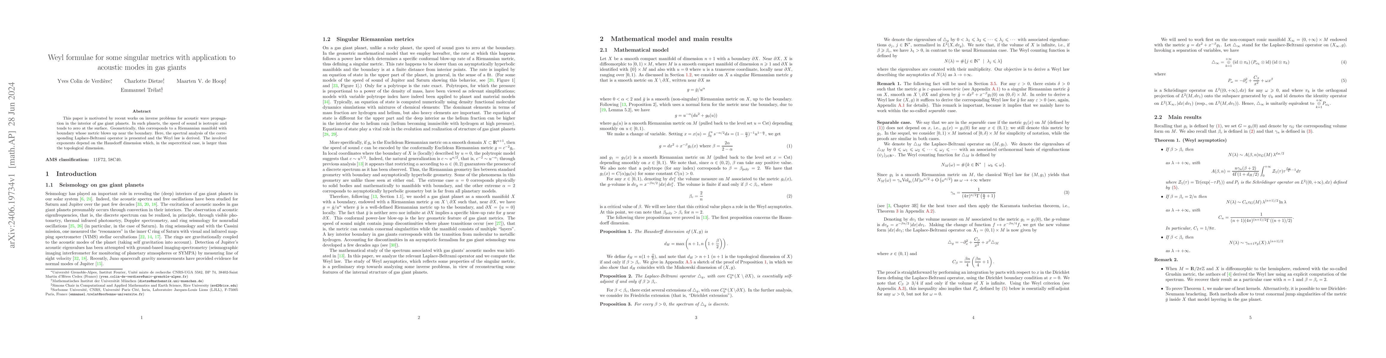 Thumbnail for Weyl formulae for some singular metrics with application to acoustic
  modes in gas giants