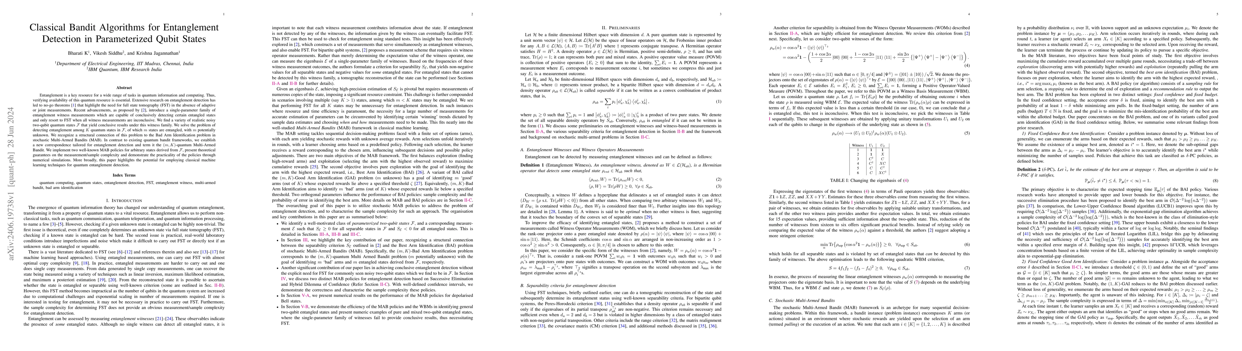 Thumbnail for Classical Bandit Algorithms for Entanglement Detection in Parameterized
  Qubit States
