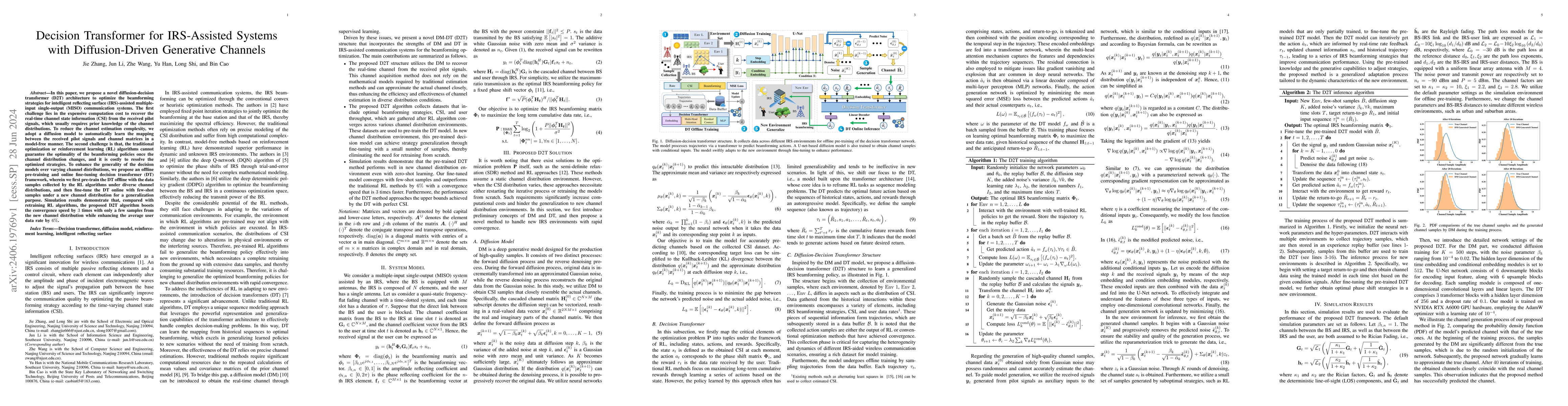 Thumbnail for Decision Transformer for IRS-Assisted Systems with Diffusion-Driven
  Generative Channels