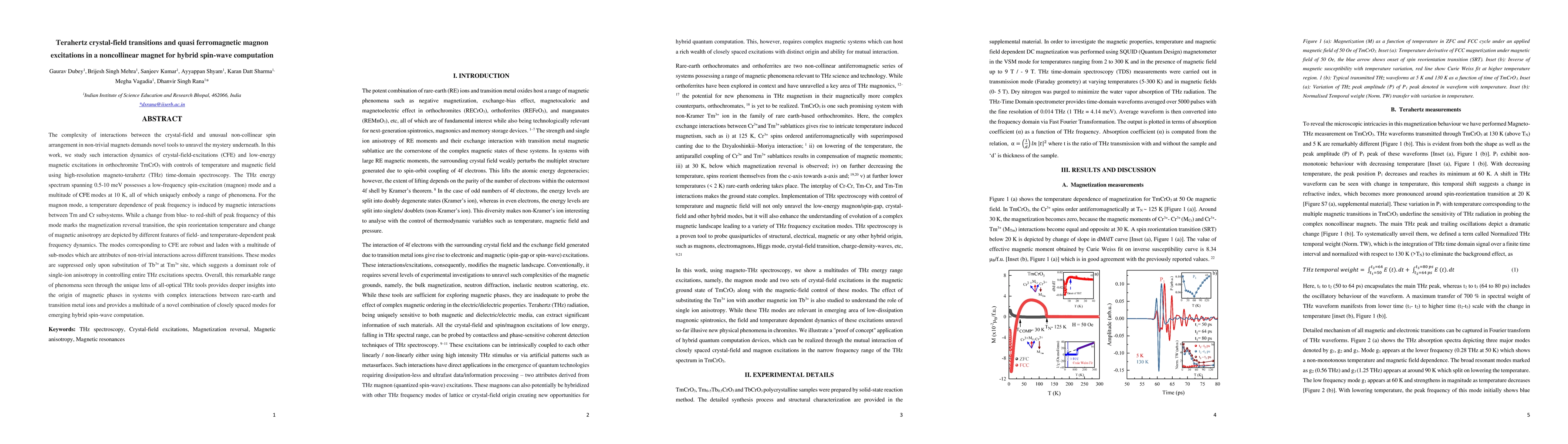 Thumbnail for Terahertz crystal-field transitions and quasi ferromagnetic magnon
  excitations in a noncollinear magnet for hybrid spin-wave computation