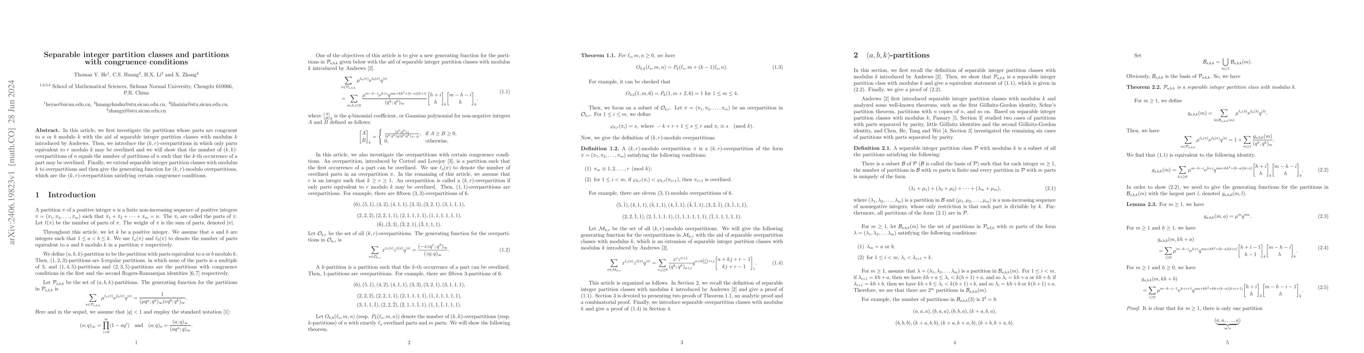 Thumbnail for Separable integer partition classes and partitions with congruence
  conditions