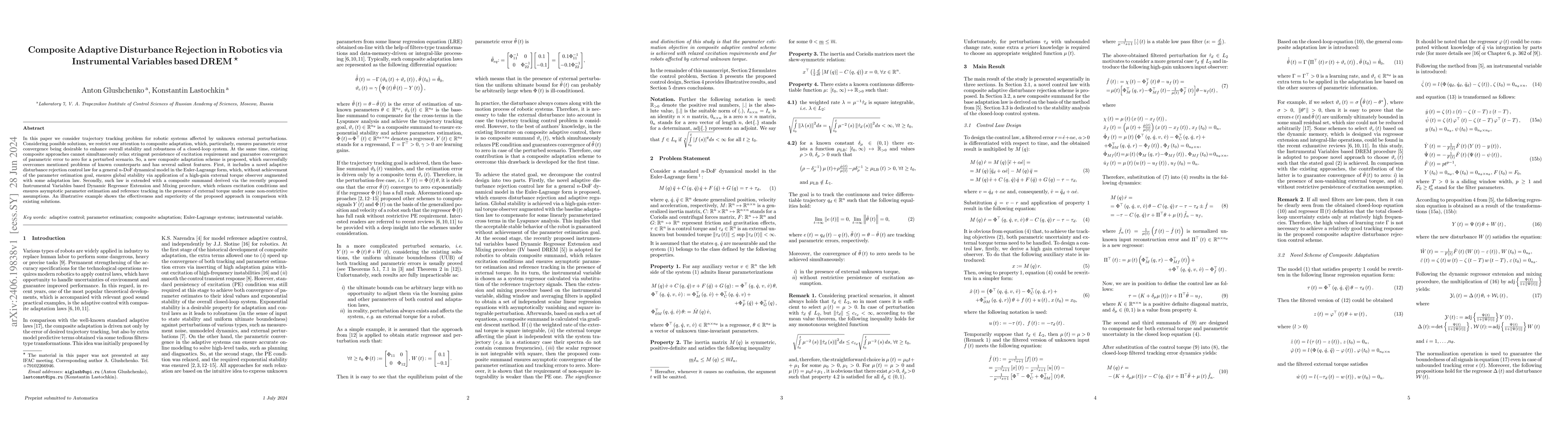 Thumbnail for Composite Adaptive Disturbance Rejection in Robotics via Instrumental
  Variables based DREM