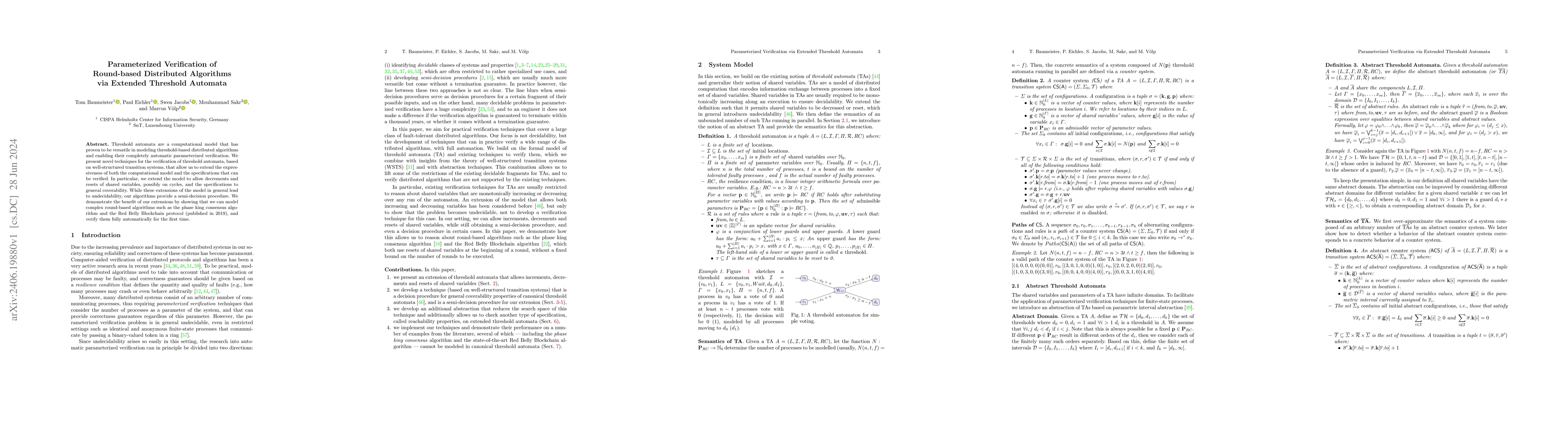 Thumbnail for Parameterized Verification of Round-based Distributed Algorithms via
  Extended Threshold Automata