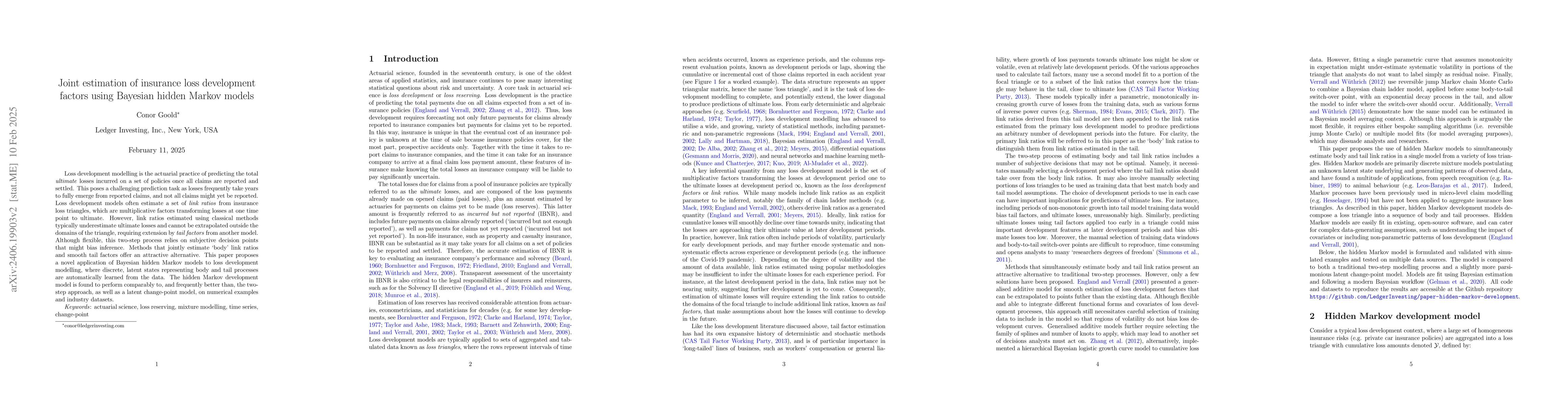 Thumbnail for Joint estimation of insurance loss development factors using Bayesian
  hidden Markov models