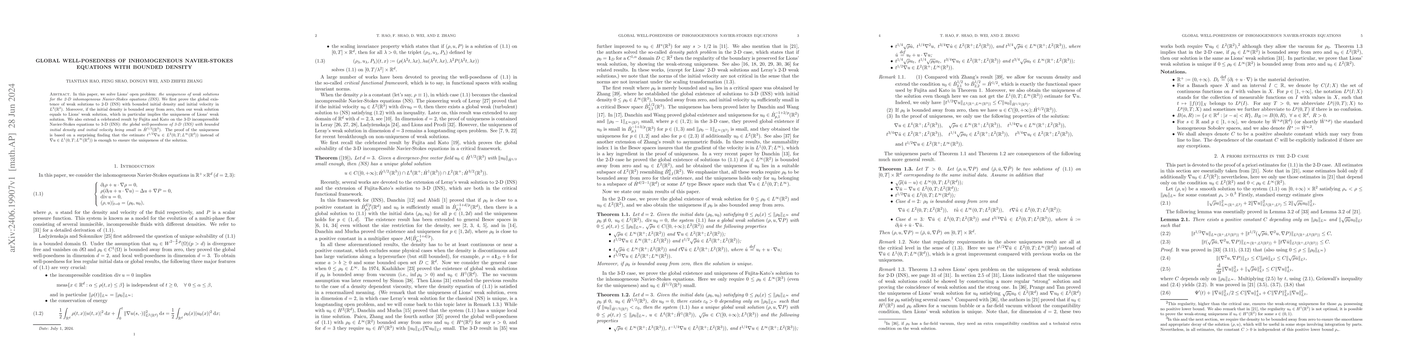 Thumbnail for Global well-posedness of inhomogeneous Navier-Stokes equations with
  bounded density