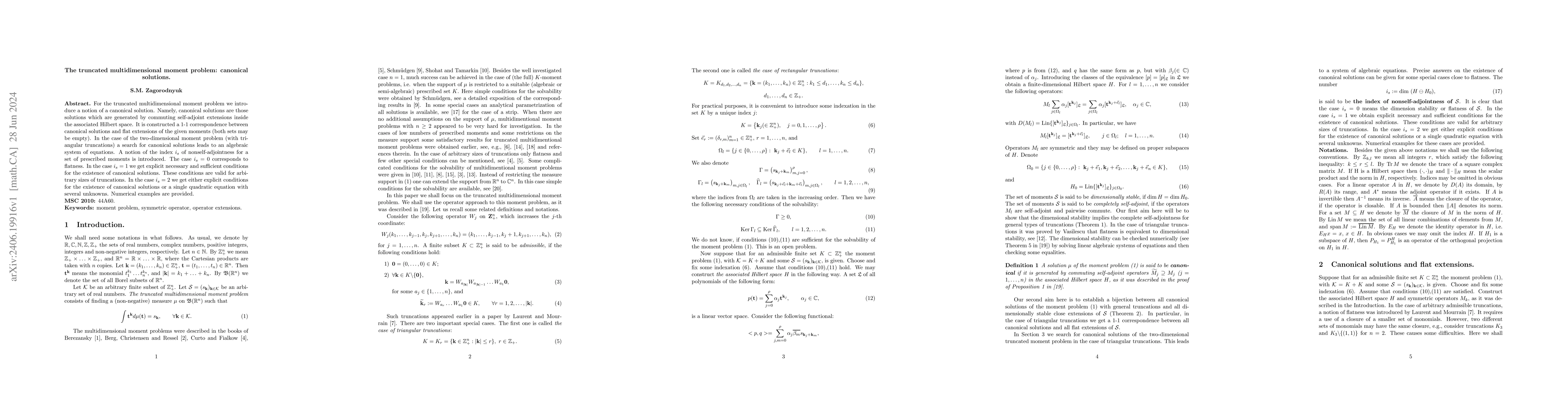 Thumbnail for The truncated multidimensional moment problem: canonical solutions