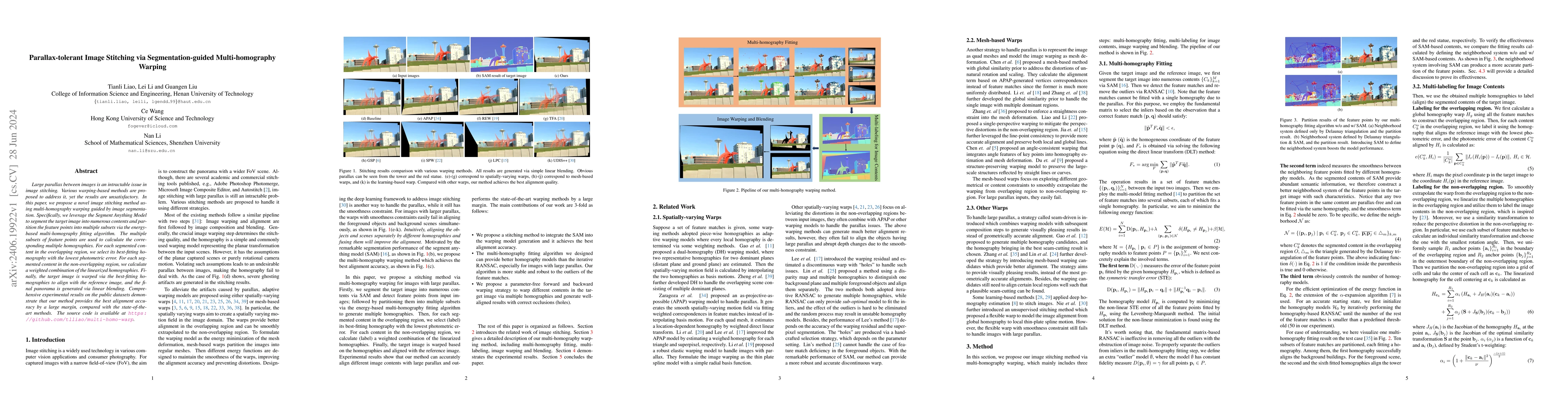 Thumbnail for Parallax-tolerant Image Stitching via Segmentation-guided
  Multi-homography Warping