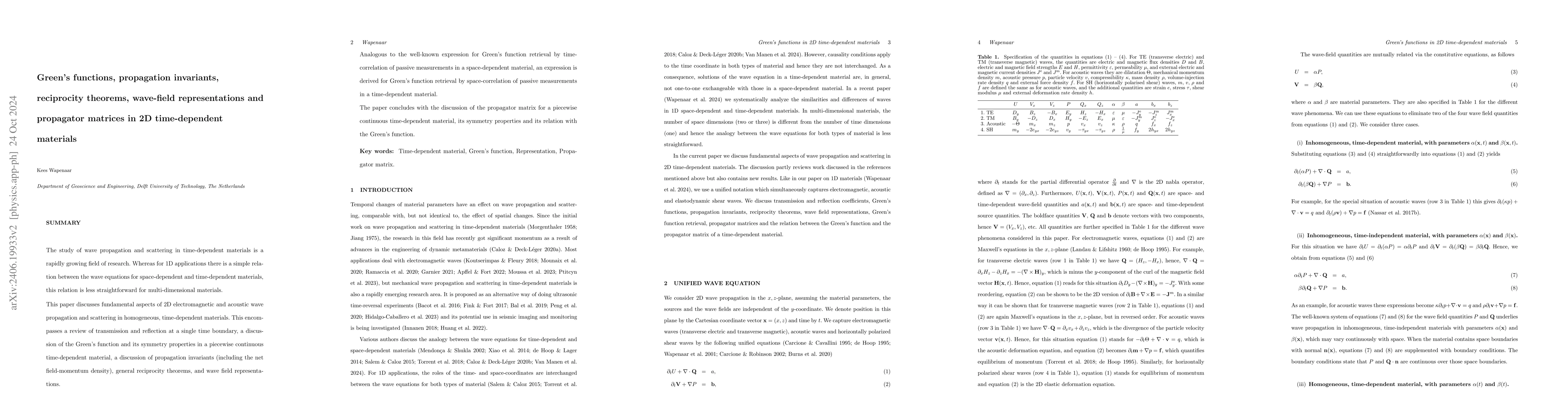Thumbnail for Green's functions, propagation invariants, reciprocity theorems,
  wave-field representations and propagator matrices in 2D time-dependent
  materials