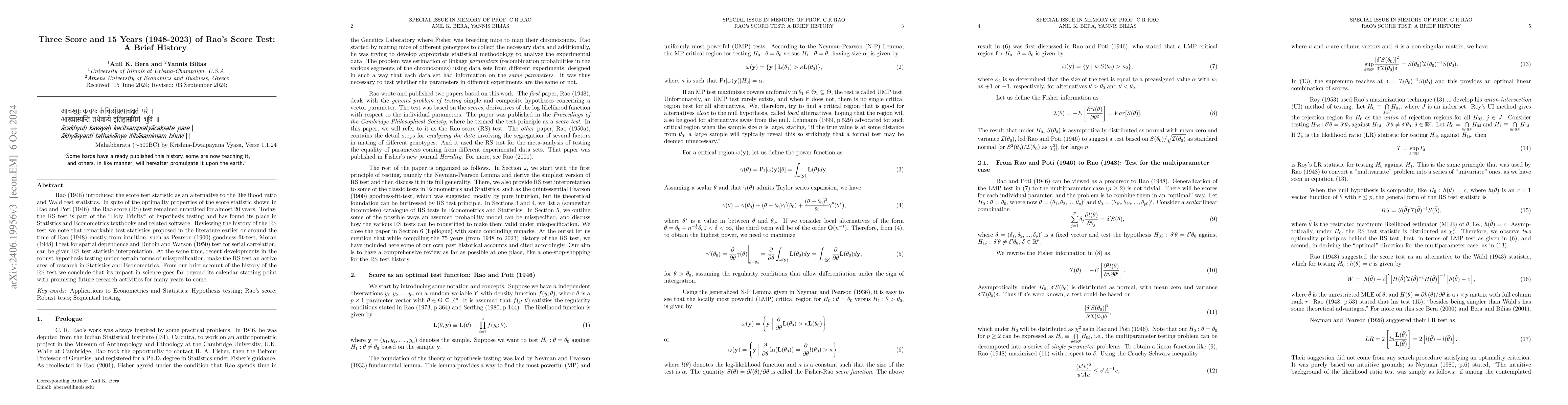Thumbnail for Three Scores and 15 Years (1948-2023) of Rao's Score Test: A Brief
  History