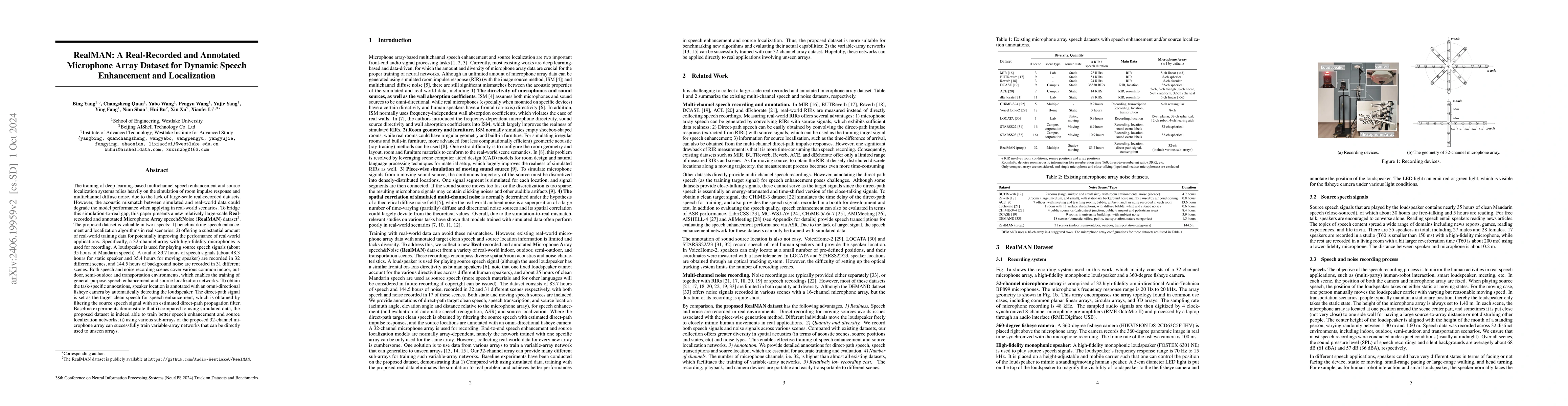 Thumbnail for RealMAN: A Real-Recorded and Annotated Microphone Array Dataset for
  Dynamic Speech Enhancement and Localization