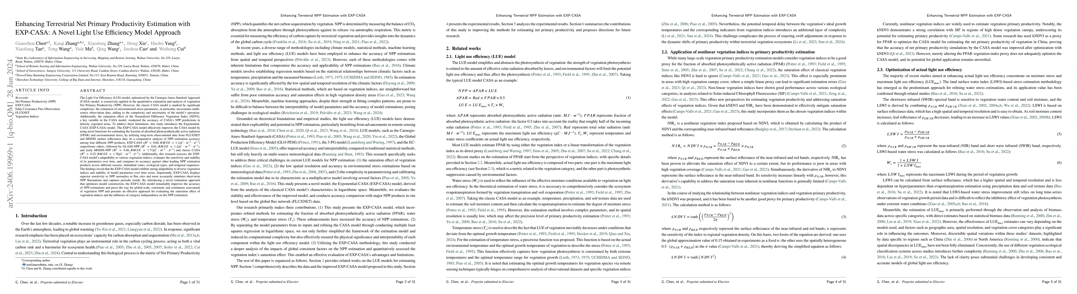 Thumbnail for Enhancing Terrestrial Net Primary Productivity Estimation with EXP-CASA:
  A Novel Light Use Efficiency Model Approach