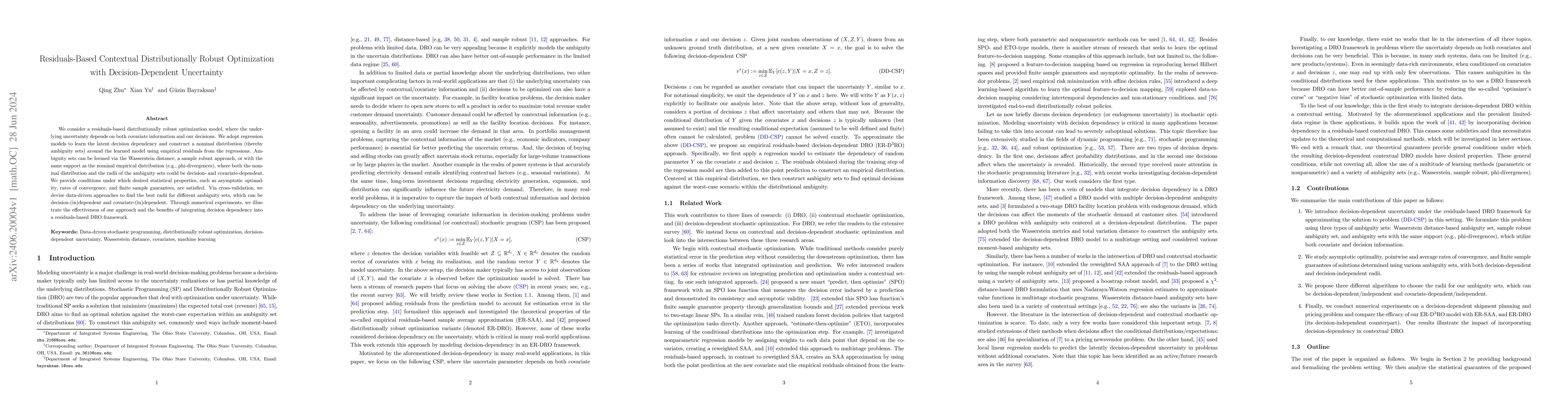 Thumbnail for Residuals-Based Contextual Distributionally Robust Optimization with
  Decision-Dependent Uncertainty