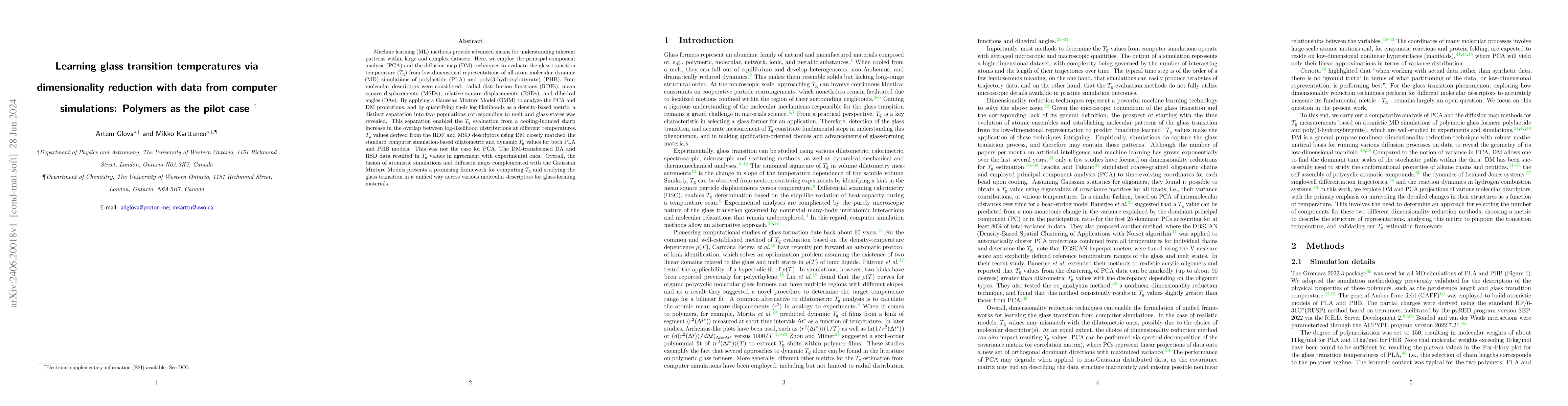 Thumbnail for Learning glass transition temperatures via dimensionality reduction with
  data from computer simulations: Polymers as the pilot case