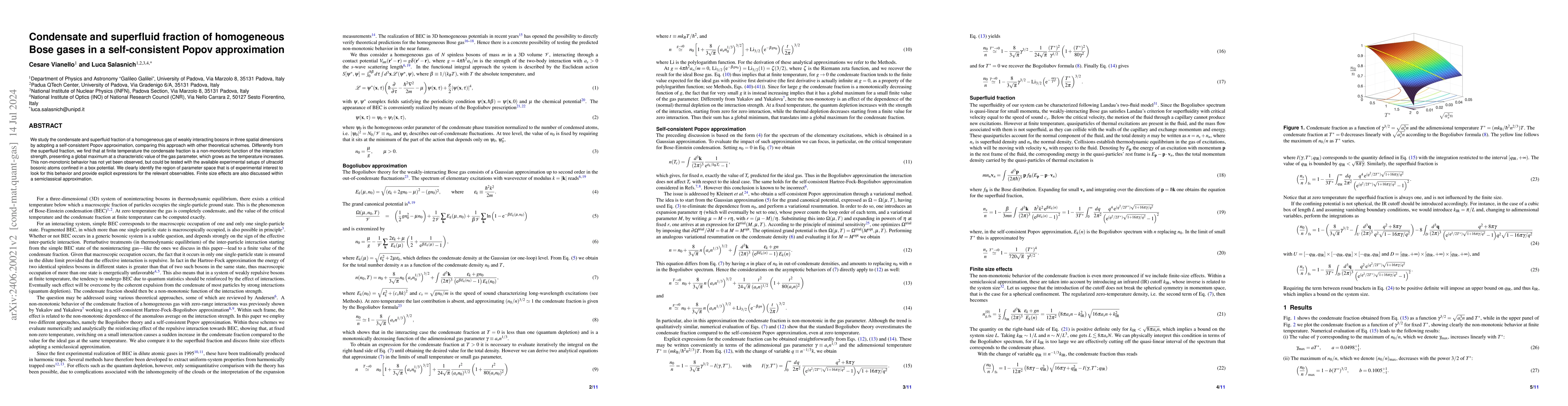 Thumbnail for Condensate and superfluid fraction of homogeneous Bose gases in a
  self-consistent Popov approximation