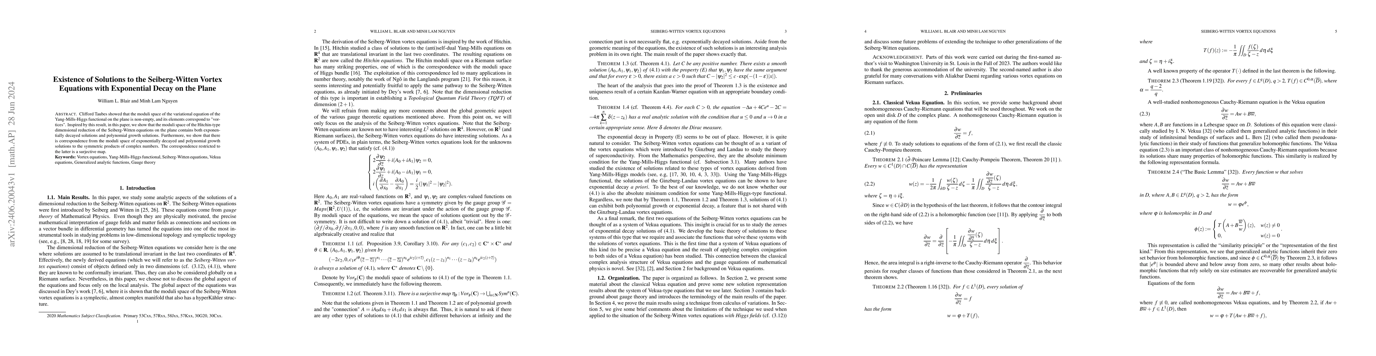 Thumbnail for Existence of Solutions to the Seiberg-Witten Vortex Equations with
  Exponential Decay on the Plane