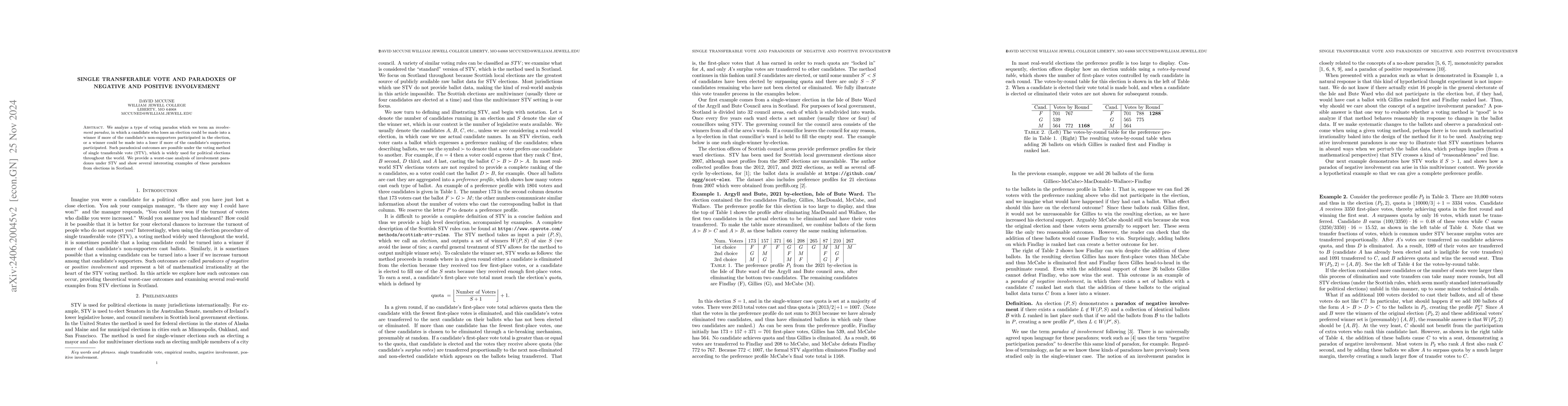Thumbnail for Single Transferable Vote and Paradoxes of Negative and Positive
  Involvement