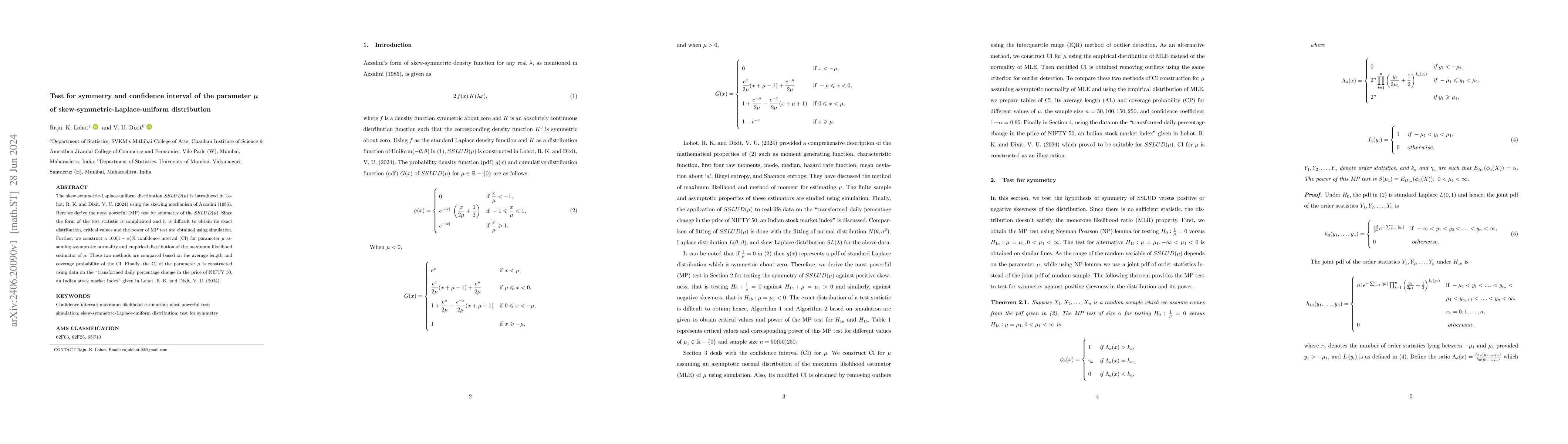 Thumbnail for Test for symmetry and confidence interval of the parameter {\mu} of
  skew-symmetric-Laplace-uniform distribution