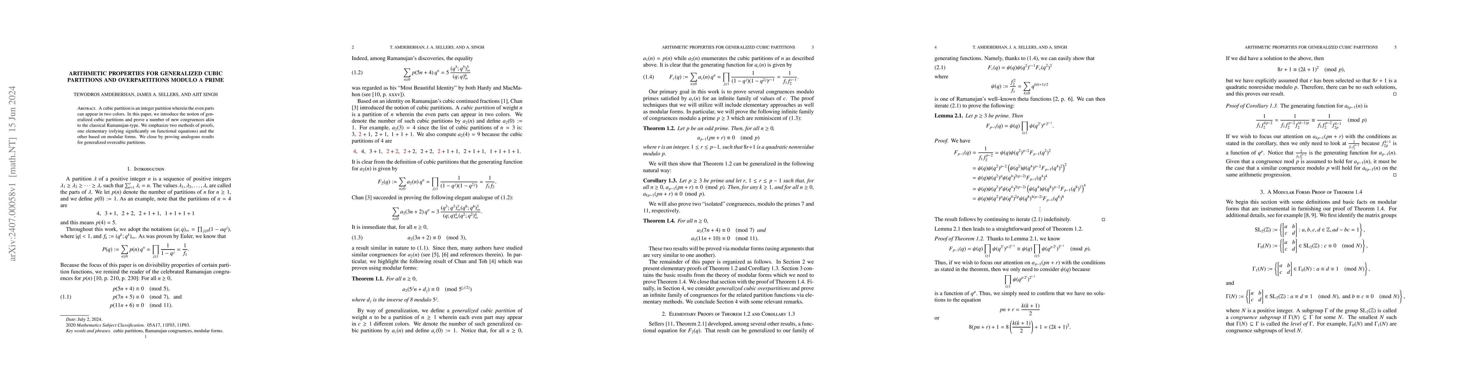 Thumbnail for Arithmetic properties for generalized cubic partitions and
  overpartitions modulo a prime