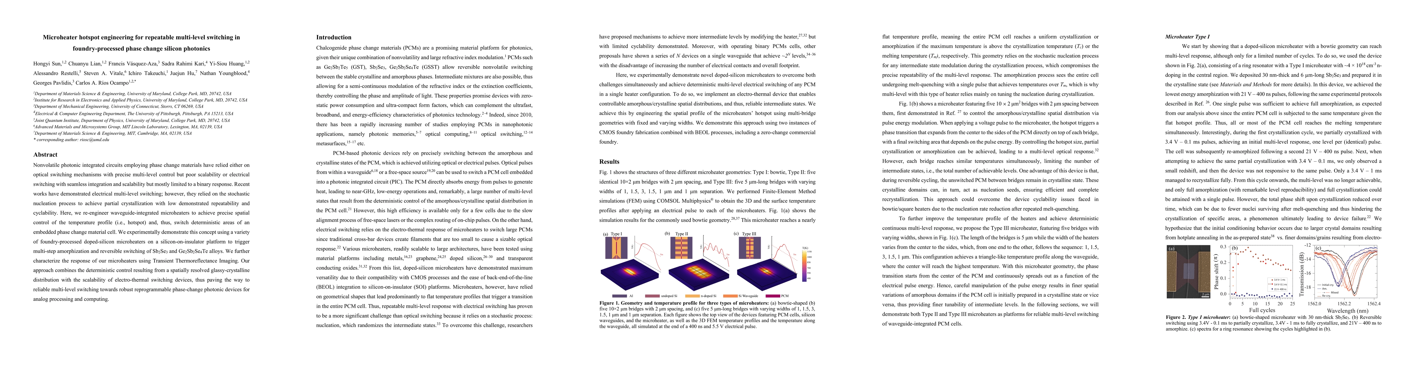 Thumbnail for Microheater hotspot engineering for repeatable multi-level switching in
  foundry-processed phase change silicon photonics