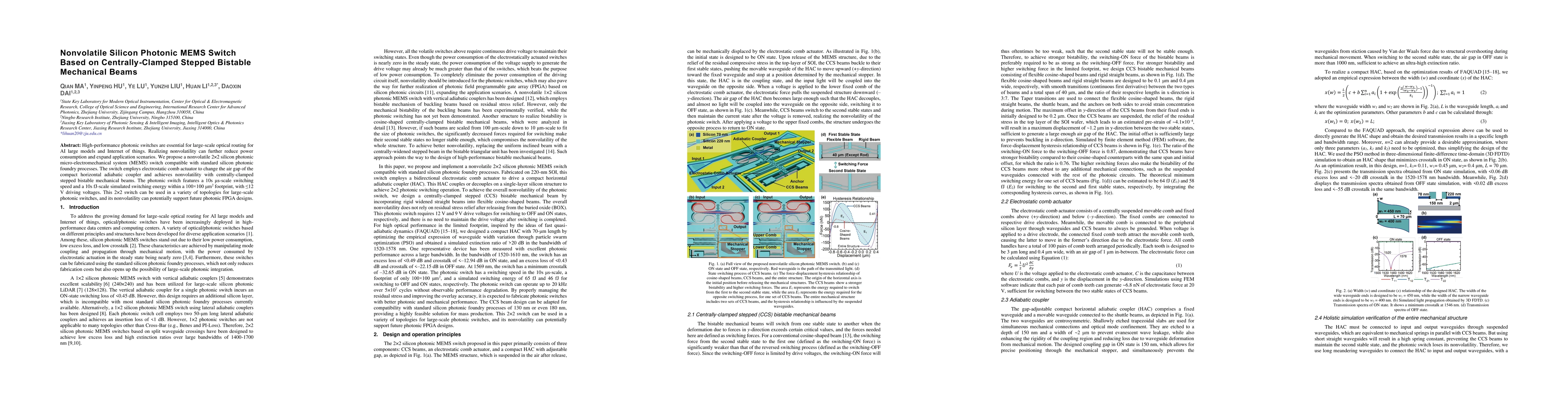 Thumbnail for Nonvolatile Silicon Photonic MEMS Switch Based on Centrally-Clamped
  Stepped Bistable Mechanical Beams