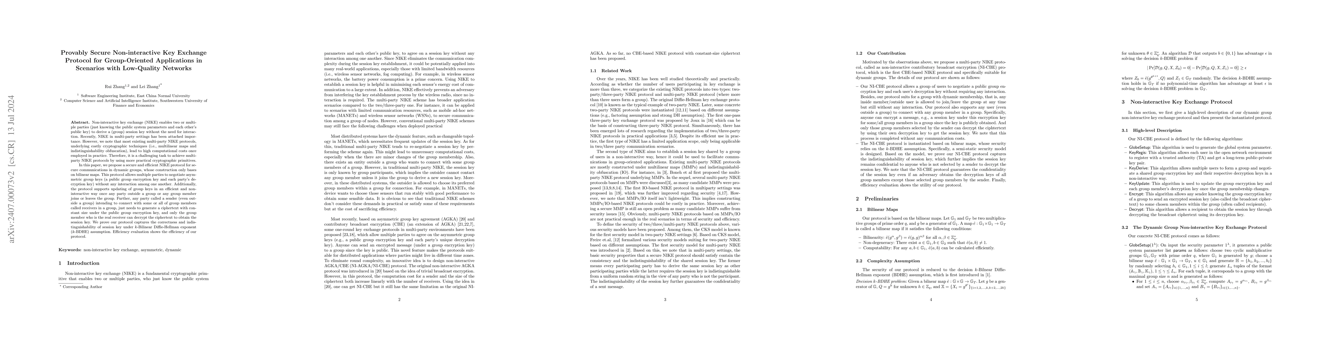 Thumbnail for Provably Secure Non-interactive Key Exchange Protocol for Group-Oriented
  Applications in Scenarios with Low-Quality Networks